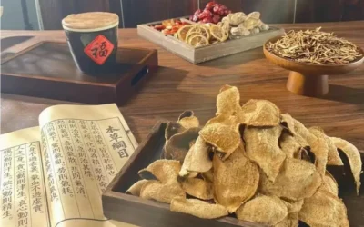 A traditional setup showing aged chenpi citrus peel, dried herbs, and a Chinese medical classic "Bencao Gangmu" used in traditional herbal tea practices.