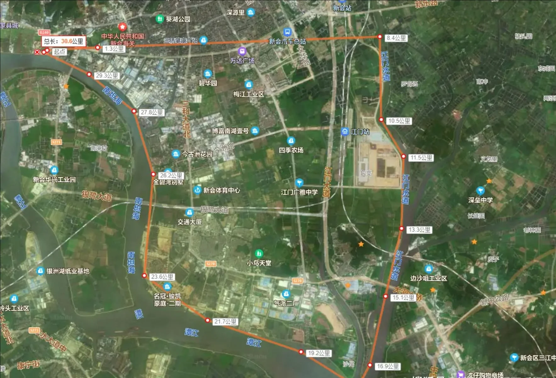 satellite map of xinhui district in jiangmen guangdong showing main roads and landmarks