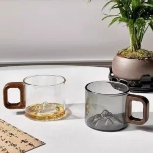 Glass volcano teacup with wooden handle