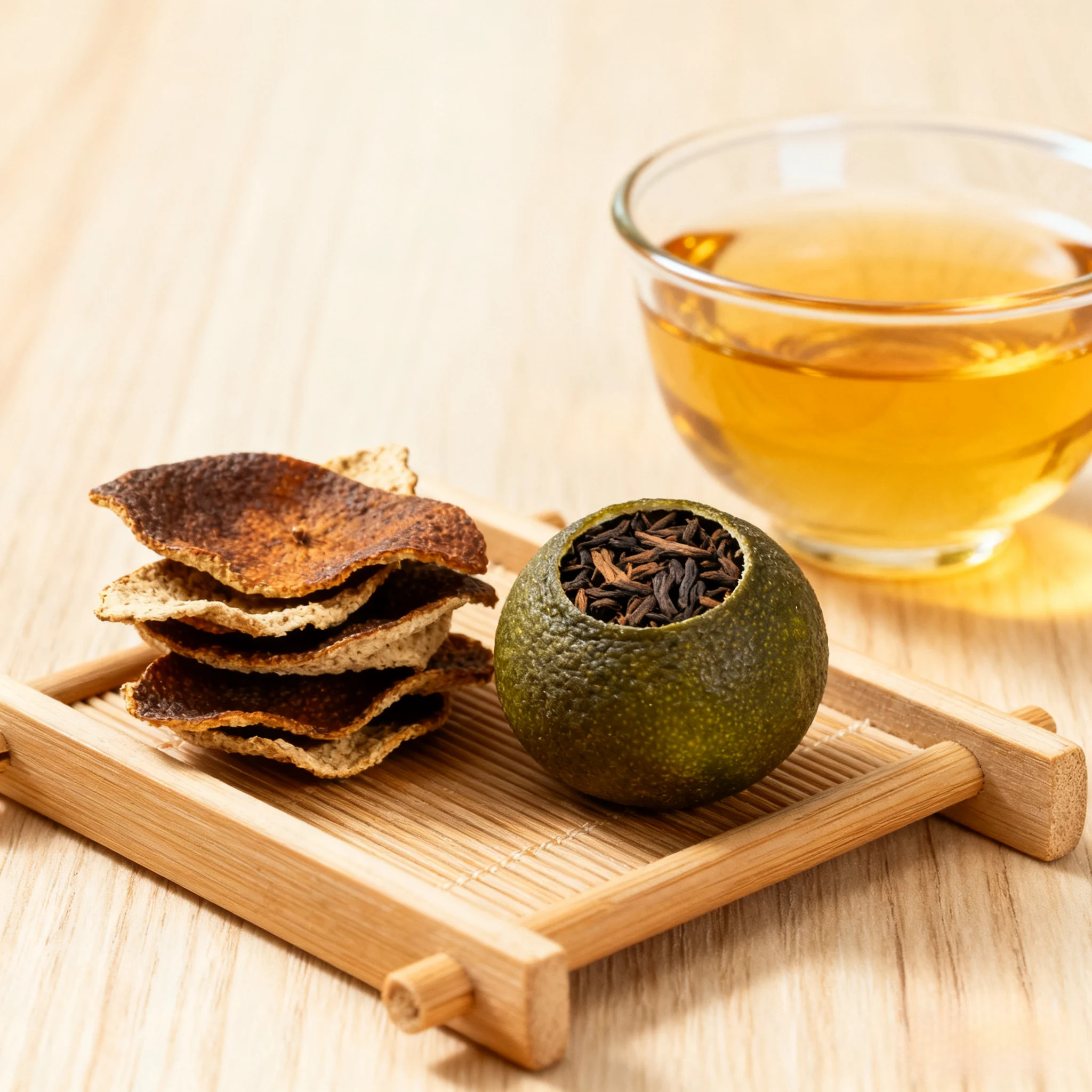 side-by-side comparison of xiaoqinggan green mandarin and aged xinhui chenpi peel